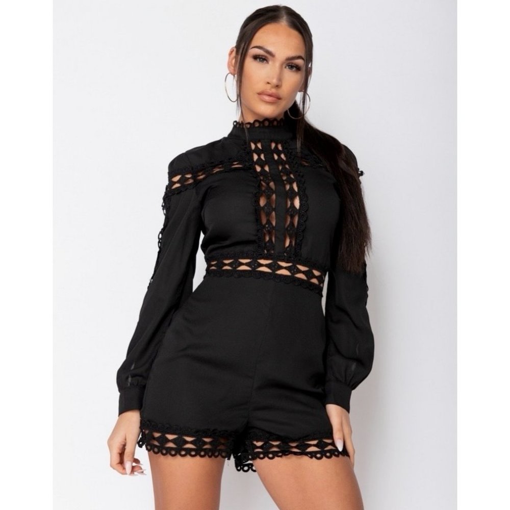 Black Long Sleeve High Neck Lace Trim Romper - Picture 9 of 11
